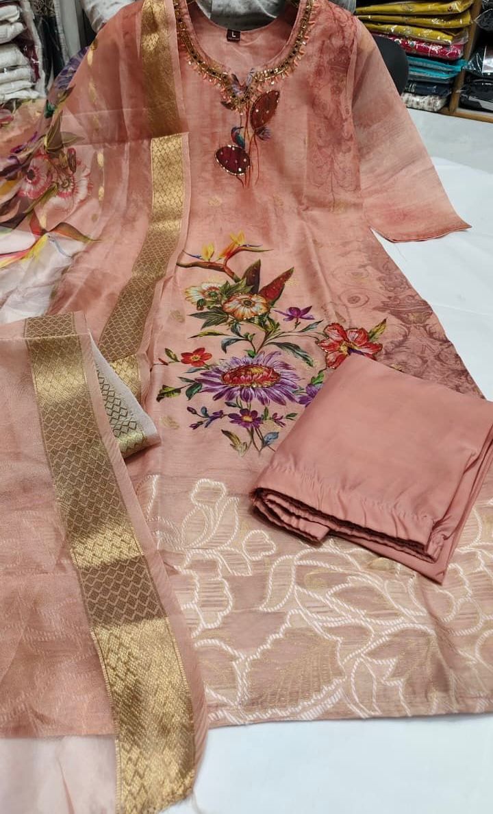 cream with peach floral chanderi-3pcs set