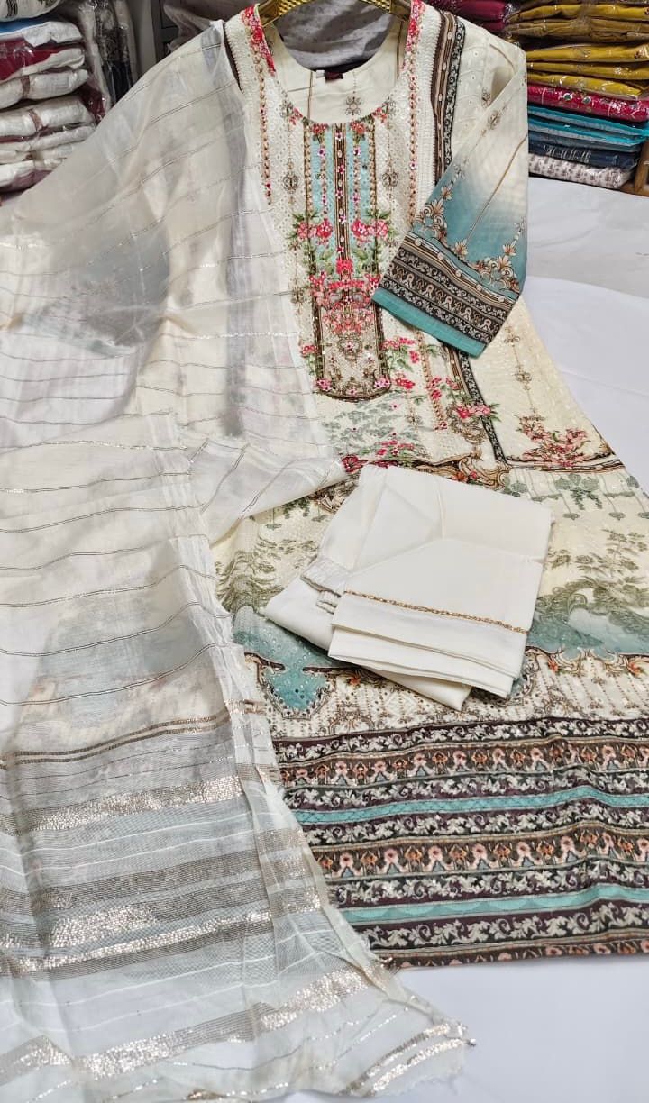 classic off-white with digital prints-3pcs set