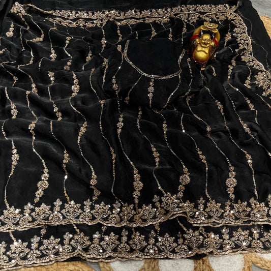 Pure space silk with velvet shine with original gold beads work