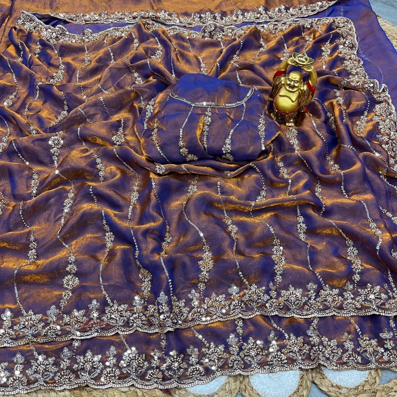 Pure space silk with velvet shine with original gold beads work
