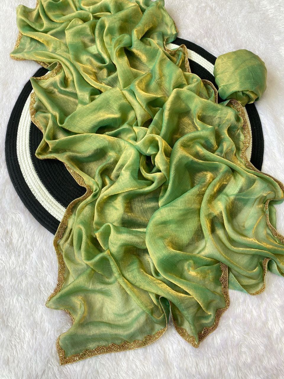 Fendy chiffon two tone sarees with heavy beads lace work