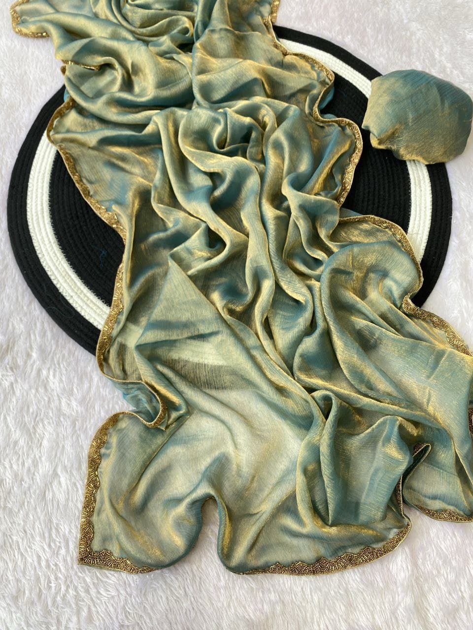 Fendy chiffon two tone sarees with heavy beads lace work