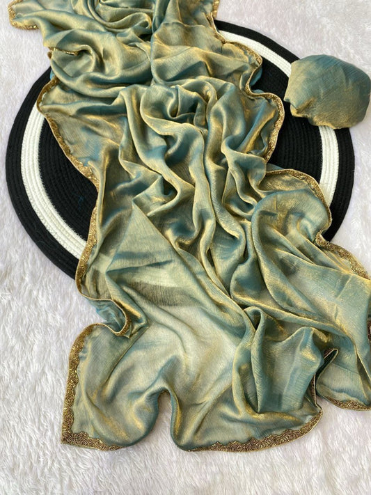 Fendy chiffon two tone sarees with heavy beads lace work