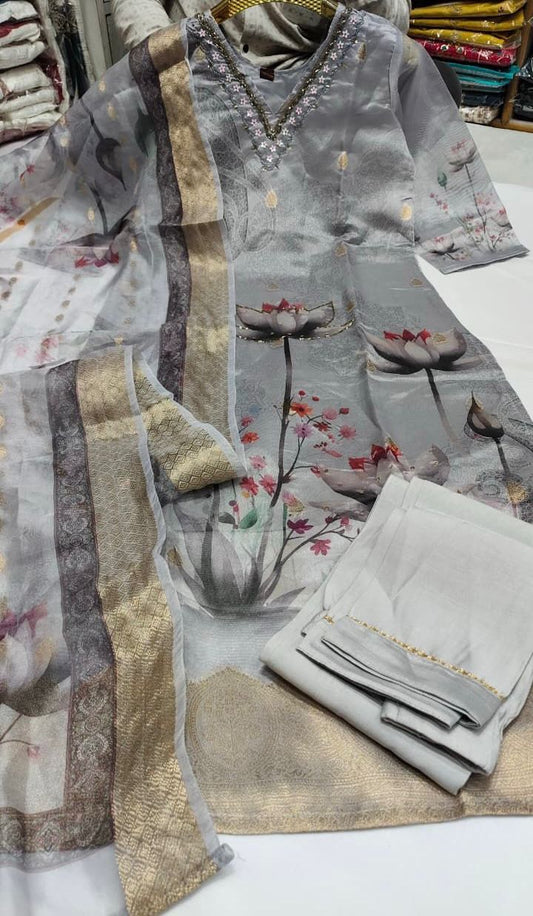 light grey with lotus print -3pcs set