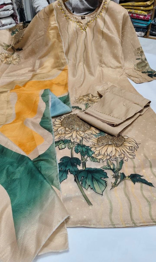 pastel beige petal detail -chanderi -3pcs set