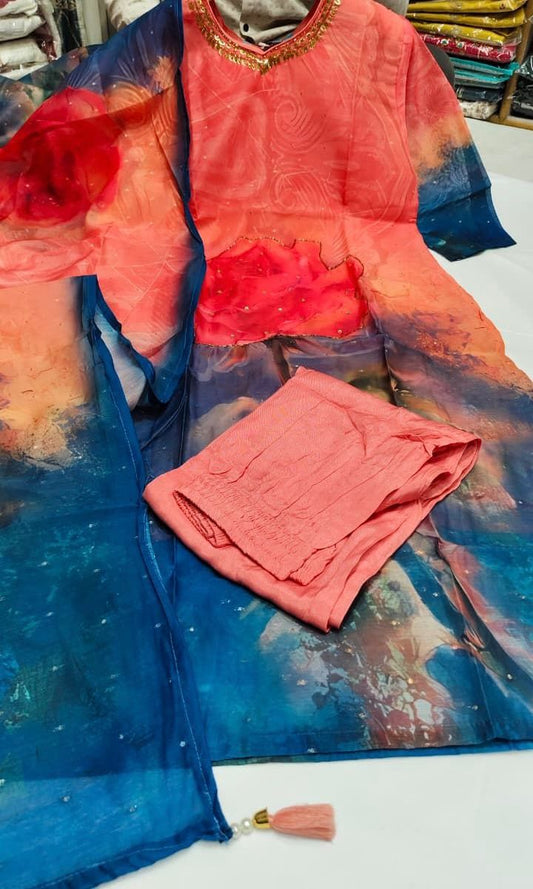 peach and navy -chanderi-3pcs set