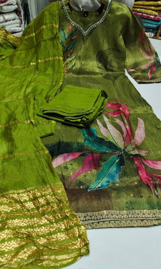 vibrant green  with bold floral pattern-3pcs set