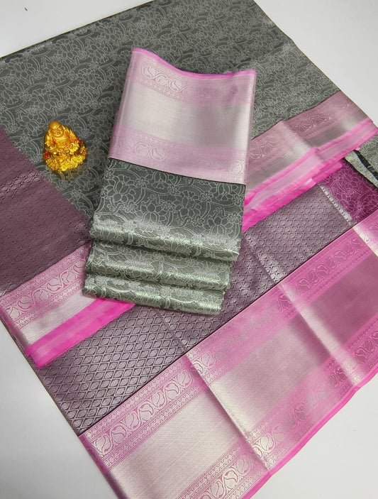 Baby pink with Silver Zari Kanjivaram Silk saree