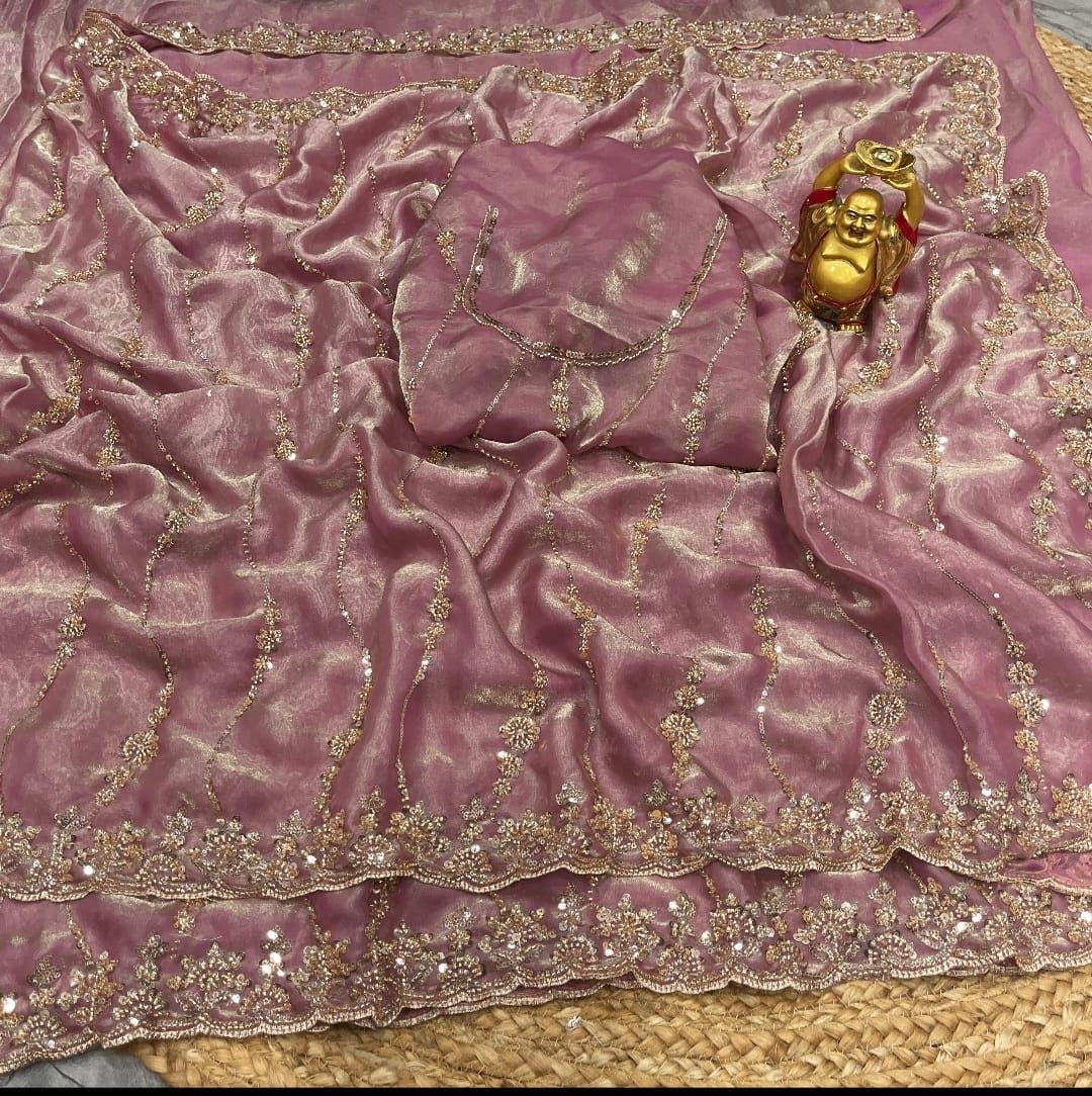 Pure space silk with velvet shine with original gold beads work